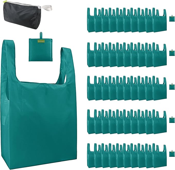 BeeGreen Marrs Reusable Grocery Bags Wholesale Green Reusable Kitchen Bags Bulk Foldable-Machine Washable with Zipper Storage Pouch 50 Packs
