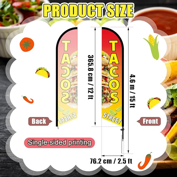 HunnmingRe Tacos Street Advertising Swooper Flag Banner 15ft Feather Flag with Pole and Ground Stake Advertising Feather Banner Sign for Restaurant Business Outside Ground