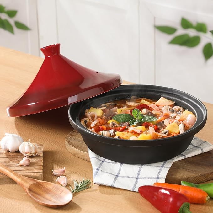 Moroccan Tagine for Cooking: Enameled Cast Iron Cooking Pot, Slow Cooker, Classic Kitchen Cookware, Tajine with Ceramic Cone-Shaped Closed Lid, 3.3 QT, Red