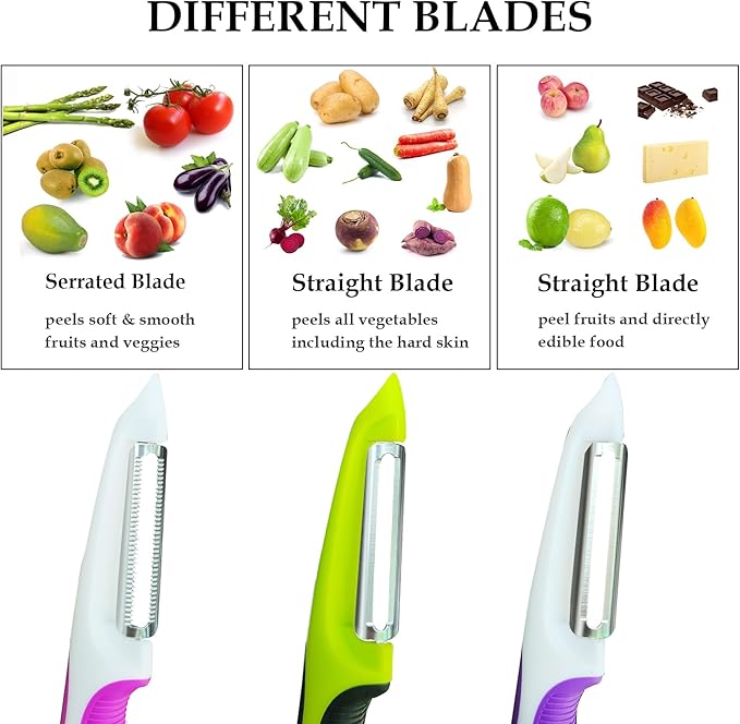 Vegetable Potato Peeler for Kitchen, 1 Piece Serrated Peeler for Soft Skin, 2 Pieces Straight Peeler for Apple Fruit Veggie, with Silicone Handle (Set of 3, Pink/Purple/Green)