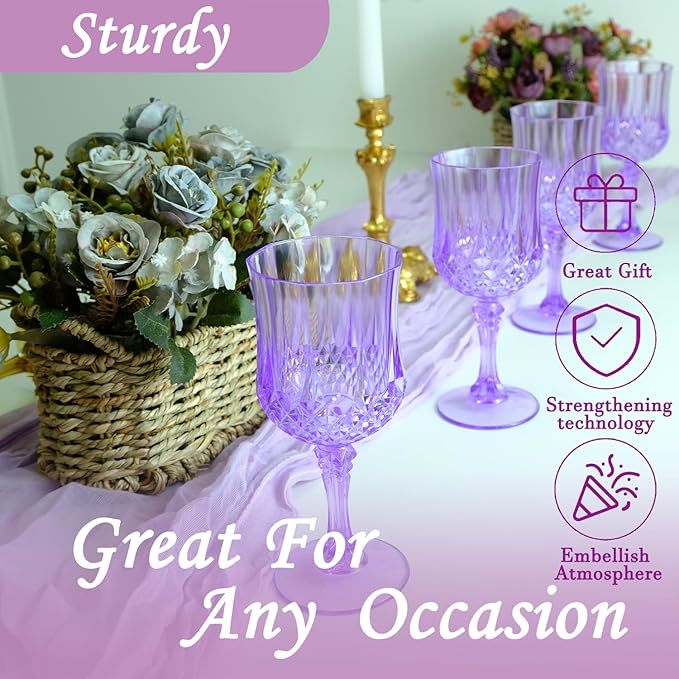 Plastic Wine Glasses, Plastic Goblets Vintage Style Cordial Unbreakable Drinking Glasses, Reusable Drinkware for Wedding Reception, Grand Event Party Supplies (24, Purple)