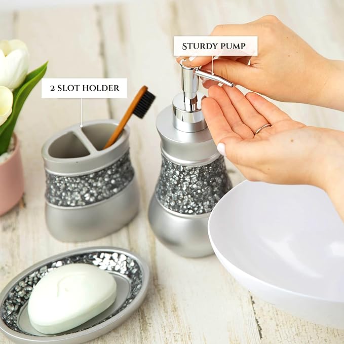 Creative Scents Crackled Glass Silver Bathroom Accessory Set – 4-Piece Vanity Set Includes: Lotion Soap Dispenser, Toothbrush Holder, Tumbler, and Soap Dish