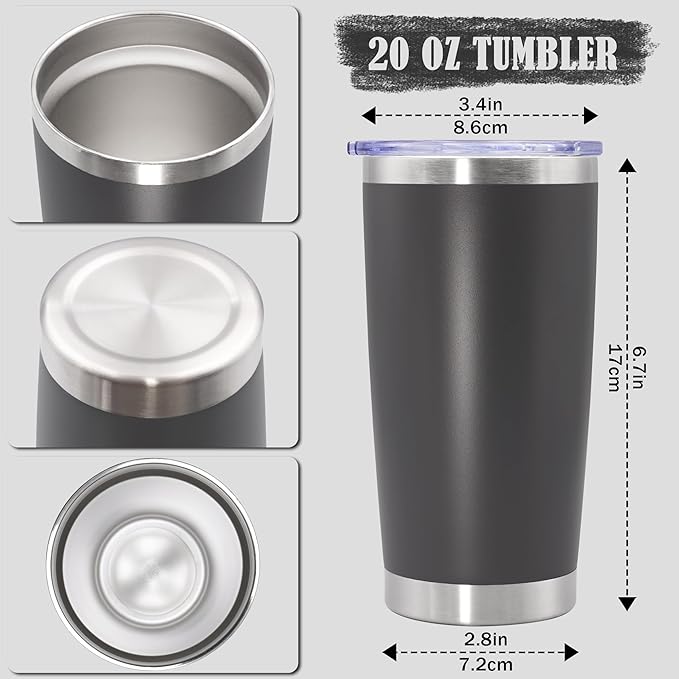 20 oz Tumbler Coffee Travel Tumblers Bulk with Lid Stainless Steel Double Wall Vacuum Insulated Mug Powder Coated Cups fit Car Cupholder for Hot and Cold - Grey, 8Pack