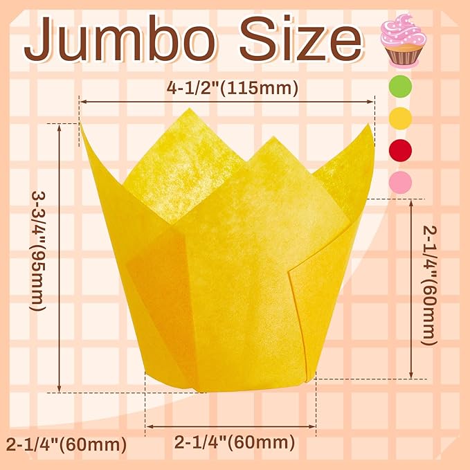 Motiskyy 300 Pcs Jumbo Muffin Liners for Baking 2-1/4" x 4" Large Tulip Cupcake Liners Greaseproof Cupcake Wrapper Paper for Weddings Birthday Christmas Anniversaries Party (Green,Red,Yellow,Pink)