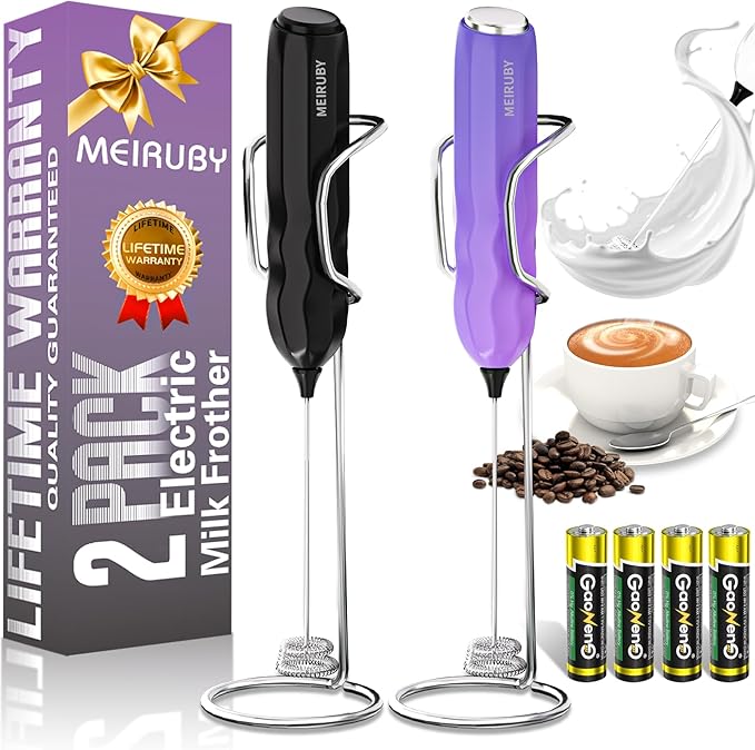 MEIRUBY 2-Pack Milk Frother Handheld with Stand, Valentines Day Gifts for Him and Her, Electric Coffee Frother, Coffee Lover Gift for Lattes, Cappuccino, Matcha & Hot Chocolate, Black/Colorful