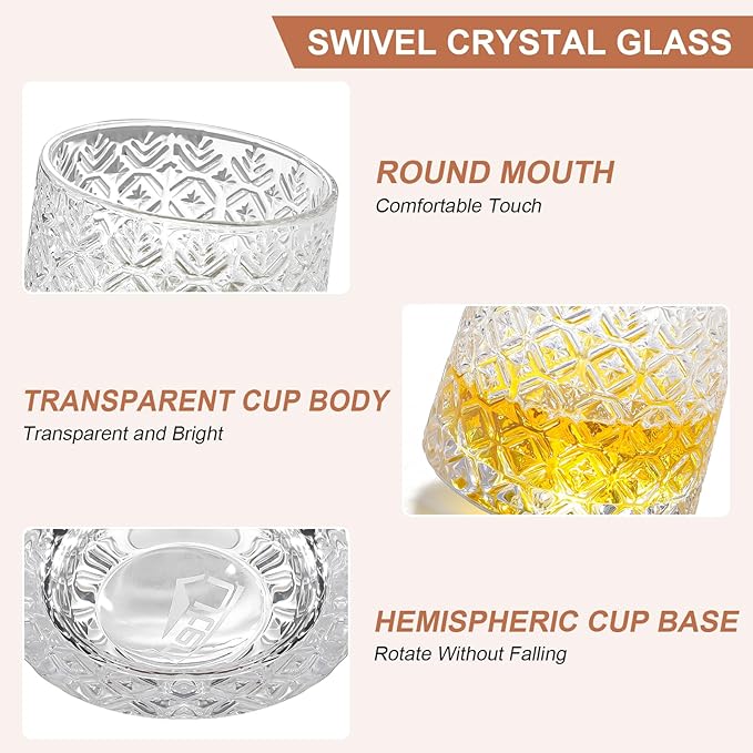 Rotatable Old Fashioned Glass Cup, 275ml/10oz Crystal Whiskey Glass Set of 2, Wood Coaster, Thickening, Used as Rum Glass Cup, Cocktail, Coffee, Milk to Relax and Reduce Stress, Christmas gifts