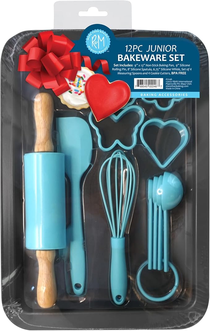 R&M International 2246 Junior 12-Piece Bakeware Set, Includes Pan, Rolling Pin, Tools and Cookie Cutters