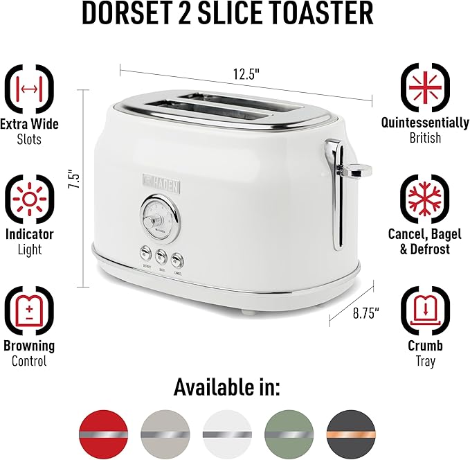 Haden Dorset 2 Slice Extra Wide Slot Toaster with Cool Touch Exterior, Removable Crumb Tray, and 6 Variable Browning Control, Ivory
