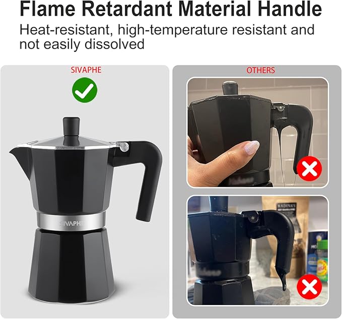 Sivaphe Aluminum Moka Pot 12 Espresso Cups, Percolator Espresso and Coffee Maker, Portable Stovetop Italian and Cuban Café Brewer for Home and Camping Black