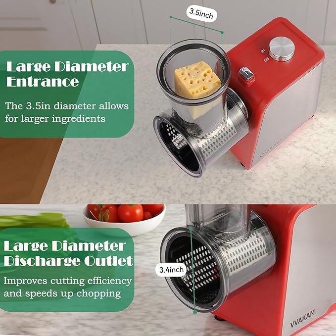 5-In-1 Electric Cheese Grater,300W Salad Maker,Electric Grater for Block Cheese,Kitchen Electric Food Slicer Shredder,Chopper for Vegetables Cucumber Carrots Cabbage Nuts(Red)