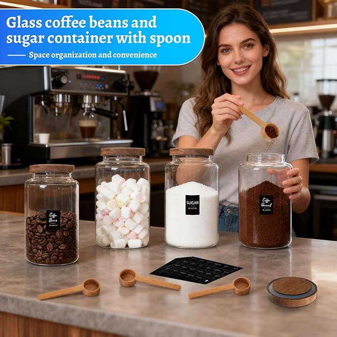 Glass Coffee Jar with Wood Lids Spoon Labels Clear Coffee Ground Canister set of 2,Borosilicate Glass Food Containers for Spice Cookies Sugar Tea Bar (2800ml/94oz-2 pack-with spoon)