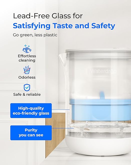 Waterdrop PT-72C-A Glass Alkaline Water Filter Pitcher, 7-Cup, Eco-Friendly, Enhances Alkaline Water, for Home & Office, Reduces PFOA/PFOS, Chlorine, Cadmium, Copper & Mercury, Clear