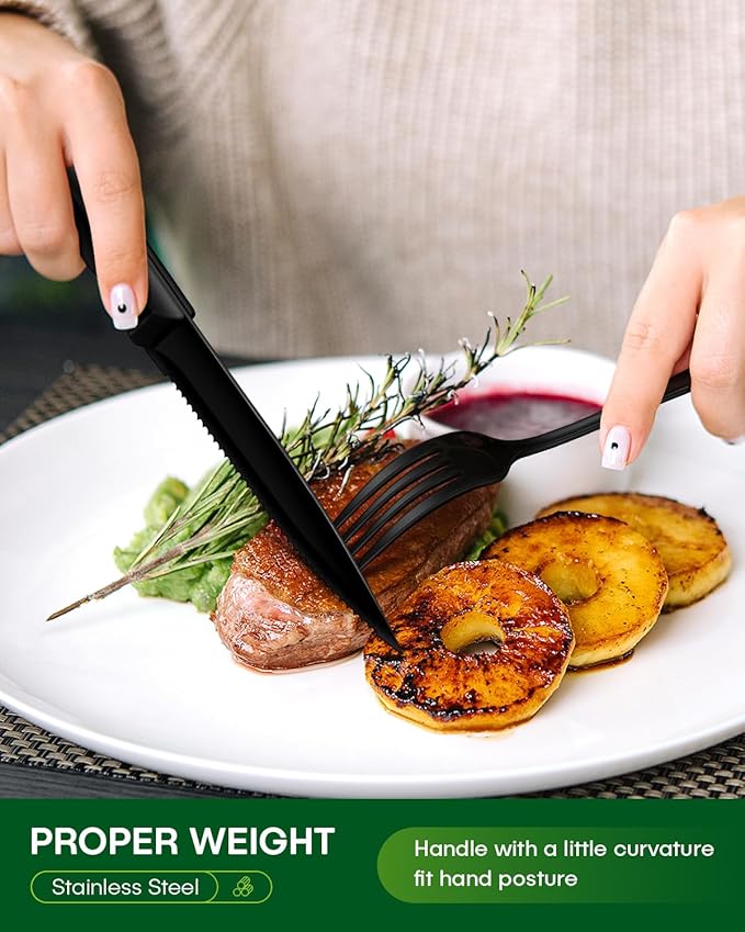 PHILIPALA 24-Piece Black Silverware Set with Steak Knives Food-Grade Stainless Steel Flatware Set for 4 Mirror Cutlery Dishwasher Safe Utensil Sets for Home Restaurant