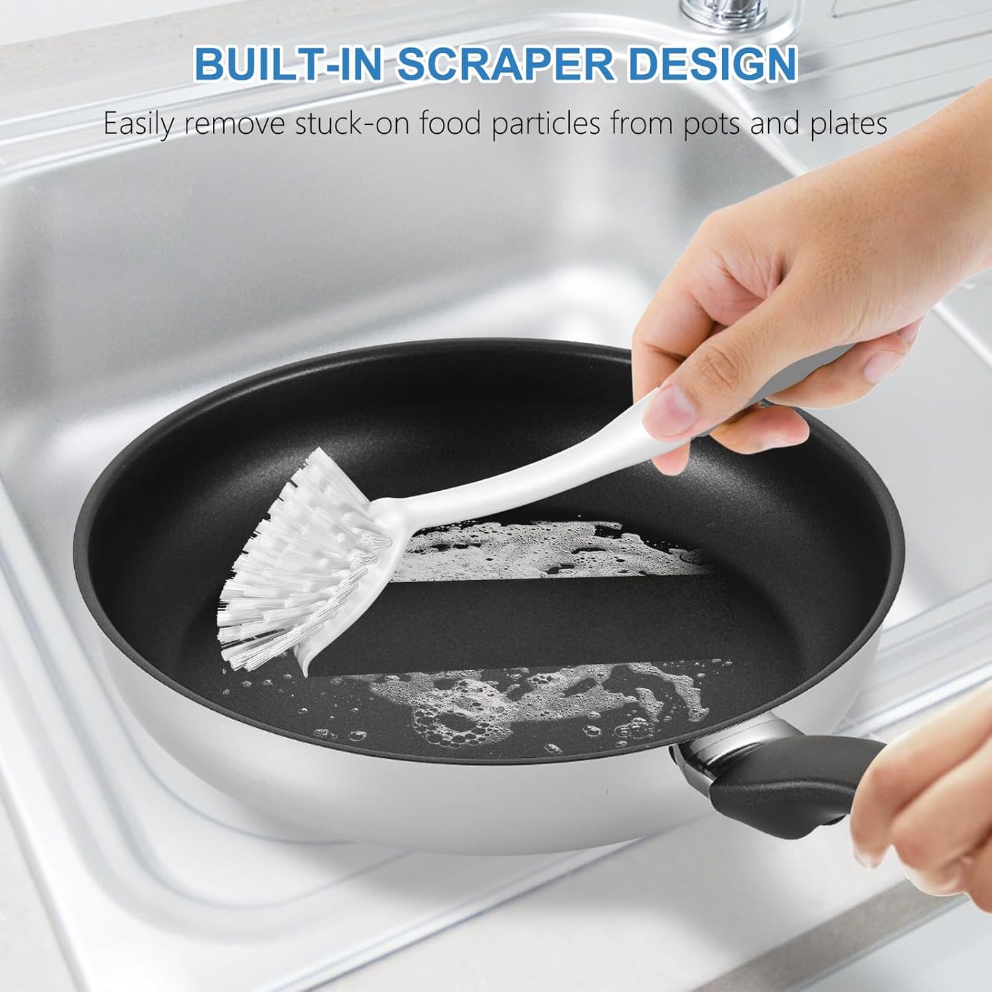 SetSail Dish Brush with Handle, 2 Pack Stiff Bristles Dish Scrubber with Built-in Scraper Dish Scrub Brushes for Cleaning Dishes, Pots and Pans, Kitchen Sink, 3 Pack, Grey White
