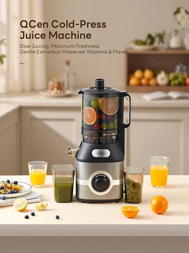 QCen Cold Press Juicer, 5.5” Wide Feed Chute Slow Masticating Juicer Machine for Whole Fruits and Vegetables, Easy to Clean (Gray)