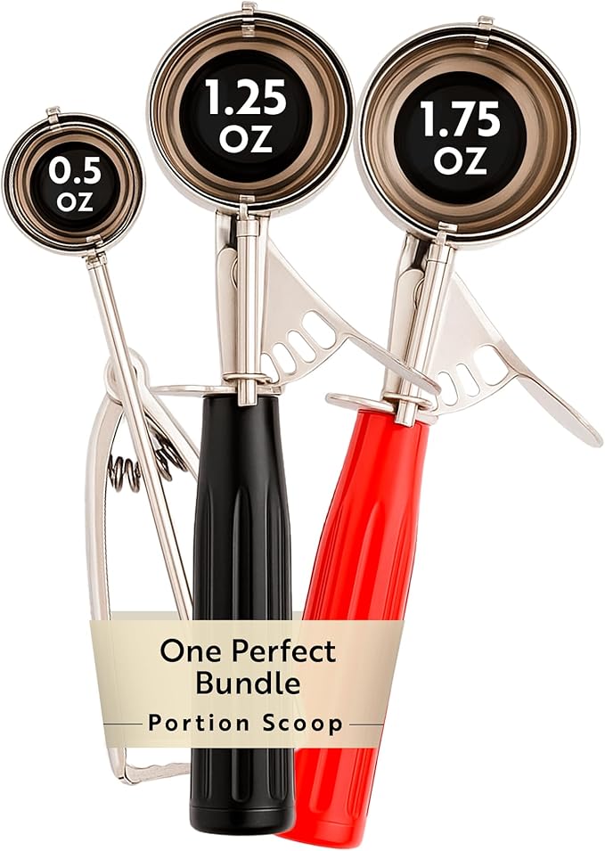 Restaurantware Bundle: 3 Ice Cream Scoops Trigger Release Stainless Steel Dishers 0.5/1.25/1.75 Ounce Cookie Scoops For Baking, Silver, Black and Red, Portion Control, Cookie Dough, Cupcake Batter