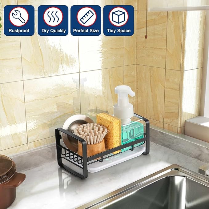 HULISEN Kitchen Sink Sponge Holder, 304 Stainless Steel Kitchen Soap Dispenser Caddy Organizer, Countertop Soap Dish Rack Drainer with Removable Drain Tray, not Including Dispenser and Brush, Black