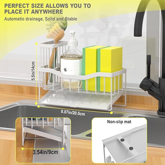 Maifan Sink Caddy Sponge Holder for Kitchen with Brush Holder and Stainless Steel Self Drain Tray, Rustproof Kitchen Sink Organizer for Sponge, Soap Dispenser Storage Accessories