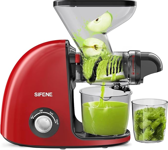 SiFENE Slow Masticating Cold Press Juicer Machines for Fruit & Vegetable, Juice Yield Maker Extractor with Dual Mouth, Quiet Motor & Anti-Clog System, Easy to Clean, BPA Free, Red