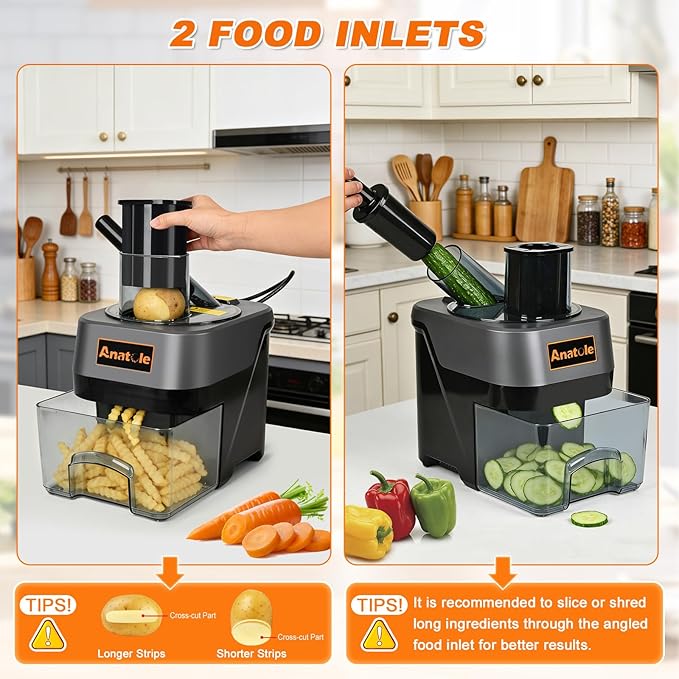 Anatole 6-In-1 Electric Commercial Food Processor Multifunctional Vegetable Chopper Dicer Slicer Shredder Crinkle Cutter Automatic Discharge 2 Food Inlets With Container for Potato Onion 100W 110V