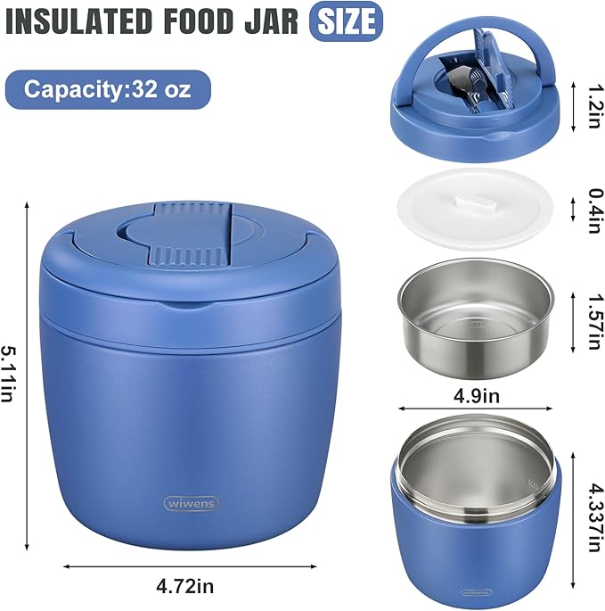 wiwens Thermo Food Jar for Hot Food Adults 32OZ Soup Thermo Lunch Containers Wide Mouth Vacuum Insulated Stainless Steel Leakproof Bento Box with Spoon (Blue)
