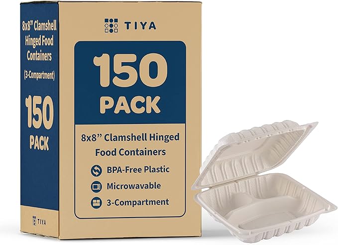 TIYA Clamshell Food Containers - White Bulk 150 Pack, 8x8 in - 3-Compartment To-Go Containers - Microwavable Plastic with Hinged Lid - Great for Meal Prep - BPA-Free