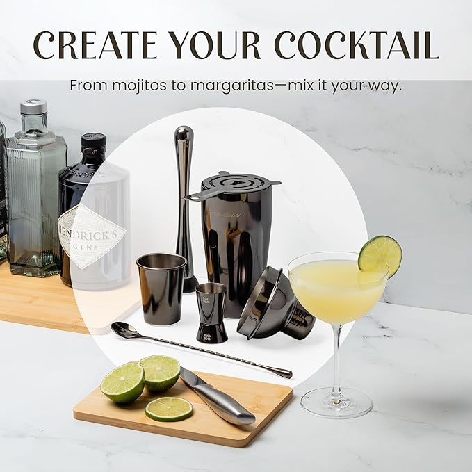 Modern Mixology 21-Piece Cocktail Shaker Set with Stand | Complete Cocktail Kit Gift Set | Top Bartender Gifts for Men & Women | Portable Bar Tools (Black, Brown Stand)
