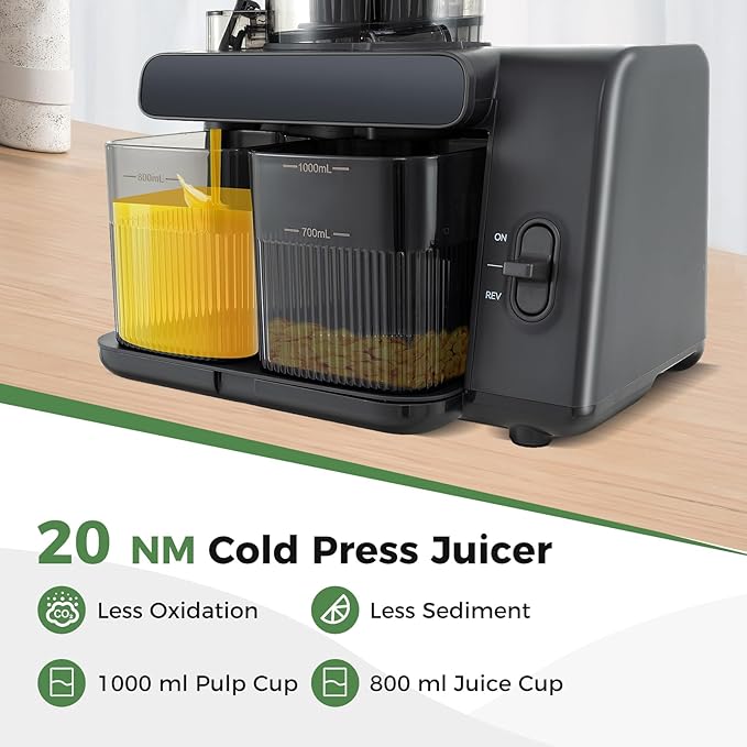 Cold Press Juicer, 5.3" Wide Feed Chute Easy to Clean Juicers w/Cleaning Brush & 2 Cups, 200W Power Motor Slow Masticating Juicer Machine w/High Juice Yield for Whole Vegetables & Fruits