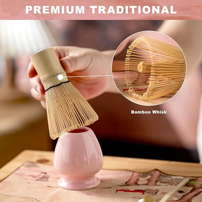 Matcha Whisk Set,Includes Ceramic Matcha Bowl, Bamboo Matcha Whisk and Holder, Bamboo Scoop and Spoon, Scoop Rest, Sifter and Tea Towel,Traditional Japanese Matcha Tea Ceremony Set Gift(pink)