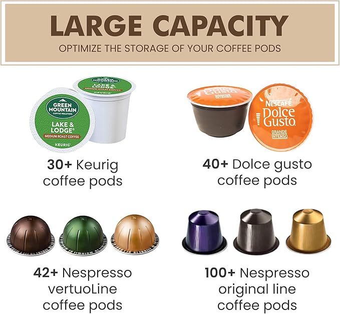 MosJos Coffee Pod Holder -Black Wire K Cup Storage with Wooden Base - Large Capacity Slim Design - Modern Coffee Basket Decor for Kitchen Countertop for Keurig Kcups & Espresso Capsules