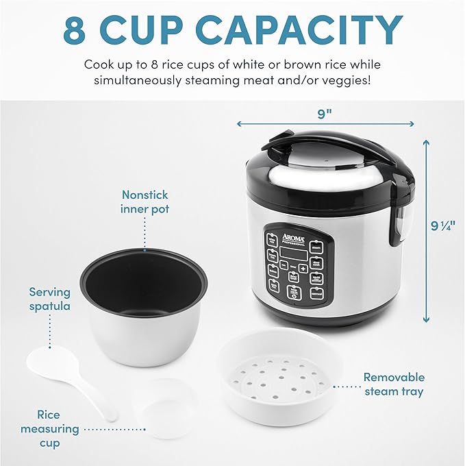 AROMA Professional Digital Rice Cooker, Multicooker, 4-Cup (Uncooked) / 8-Cup (Cooked), Steamer, Slow Cooker, Oatmeal Cooker, STS, Auto Keep Warm, 2 Qt, Stainless Steel Exterior, ARC-954SBD
