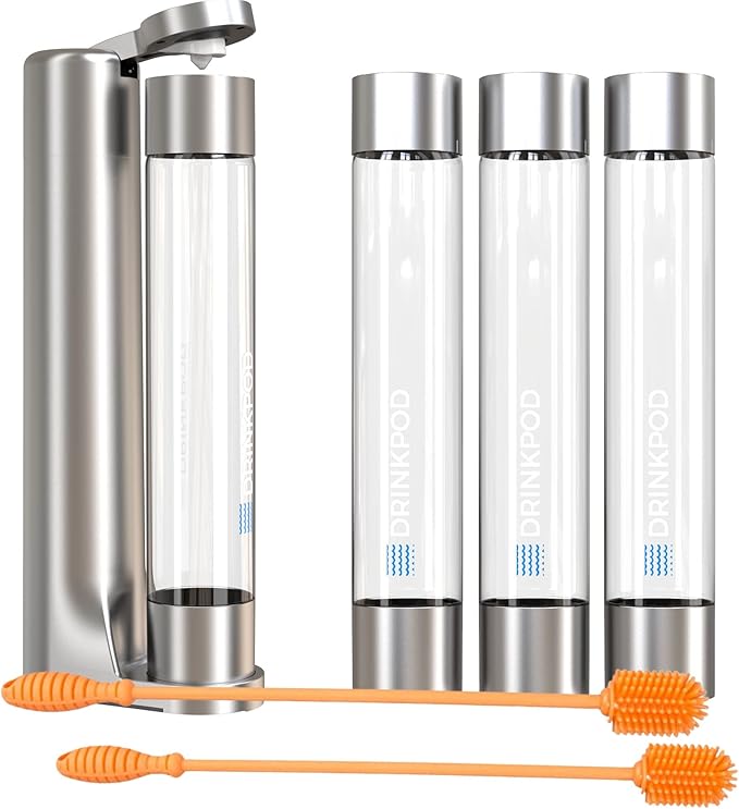 Fizzpod Home Soda Maker Sparkling Water Carbonator With 3 Bottles and 2 Bottle Brushes (Silver)