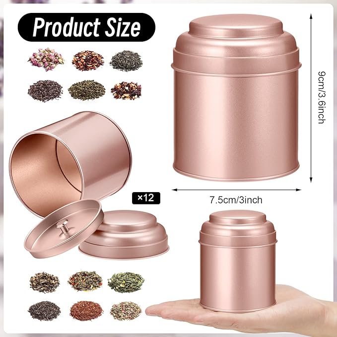 Meanplan 12 Pcs Tea Tin Canister with Airtight Double Lids Round Tin Can Box Small Kitchen Tea Canister Loose Leaf Storage Containers for Loose Bags Coffee Sugar Candy Spices(Rose Gold,8 oz)