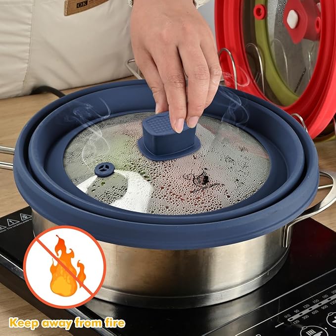 Microwave Splatter Cover Glass Cover Guard Lid with Collapsible Silicone for Food Pot Plate Cover 10.8 inch Dark Blue