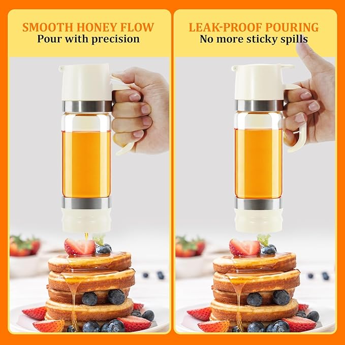 Aelga Honey Dispenser, Honey Dispenser No Drip 12 oz Glass Honey Jar with Handle, Easy Pour Syrup Dispenser for Coffee Bar, Tea & Kitchen Accessories (White)