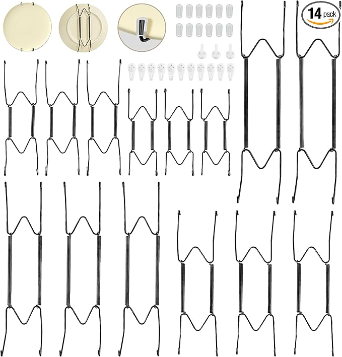 Bilillo 14 Pcs Plate Hangers for Wall - 6/8/10/12/14 Inch Invisible Plates Hanger, Stainless Steel Plate Holders with 14 Pieces Wall Hooks for 5.5 to 15.5 Inch Decorative Plates and Arts (Black)