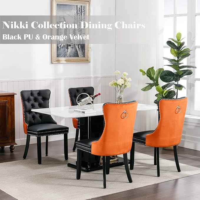 Dining Chairs Set of 4, Upholstered Dining Room Chairs with Back Ring Pull Trim and Solid Wooden Legs, Modern Tufted Kitchen Chairs Perfect for Dining Room, Black Pu Leather Splicing Orange Velvet