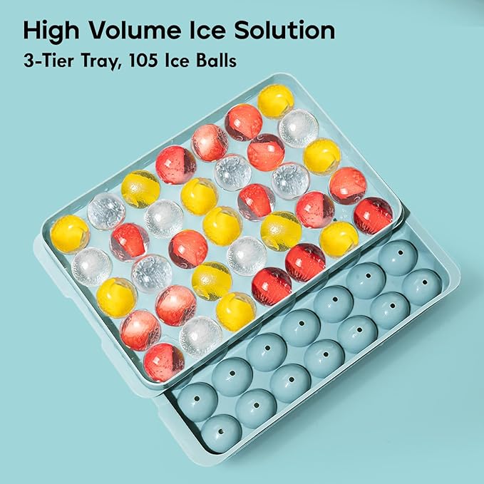 Ice Cube Trays with Lid and Bin, 1.0 IN Small Round Ice Cube Mold - 3 Pack(35 per Tray) Easy Release Stackable Ice Ball Maker Iced Bucket Kits, Circle Ice Tray for Cocktail, Whiskey & Drinks,BPA-Free