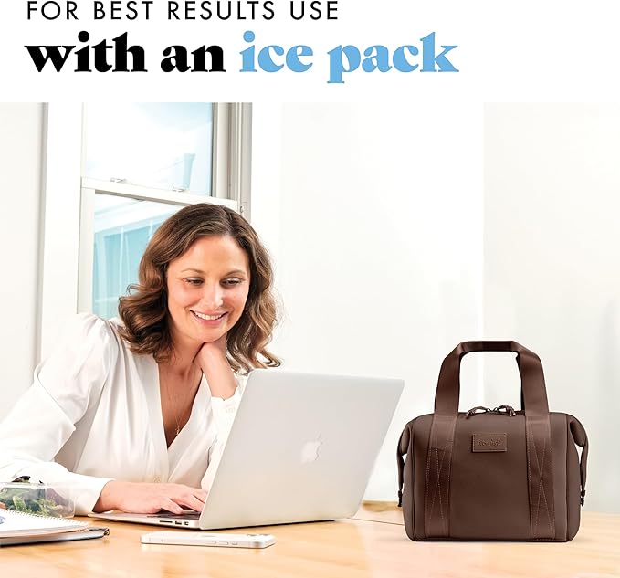 Fit & Fresh Remi Neoprene Lunch Bag For Women - Meal Prep Kit with Containers & XL Ice Pack, Self Insulating Neoprene-like Material, Machine Washable Lunch Bag, Tear & Stain-Resistant, Chocolate