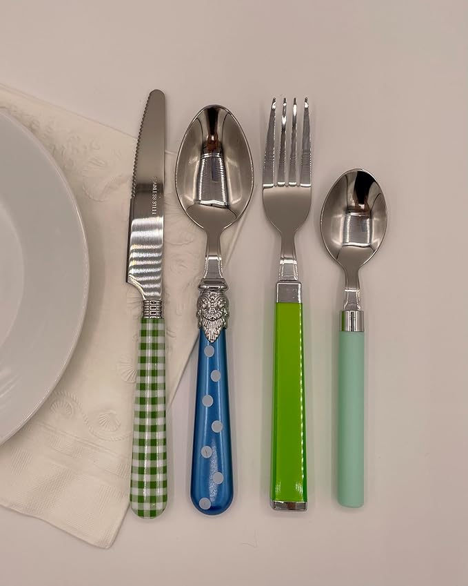The Original Brink House Eclectic Blue Green Mix & Match Stainless Steel Cutlery Set / 16 pieces with Metal Stand/Lifestyle utensils set for home, first apartment, dorm, dinner parties