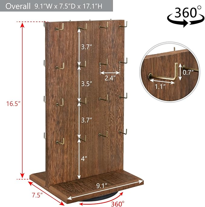 Ikee Design Wooden Rotating Two-Sided Jewelry Display Stand, Rotating Organizer with 32 Long Hooks for Store, Keychain Earring Display, Brown color, 9.1W x 7.5 D x 17.1 H in