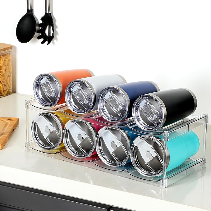 LARGER Compartment - 2 Tier Stackable Water Bottle Organizer Holder - for Stanley 40oz & Others' Large Tumbler - Clear Wine Rack, 8 Cup Bottle Holder for Cabinet Home Countertop Fridge Pantry Shelf
