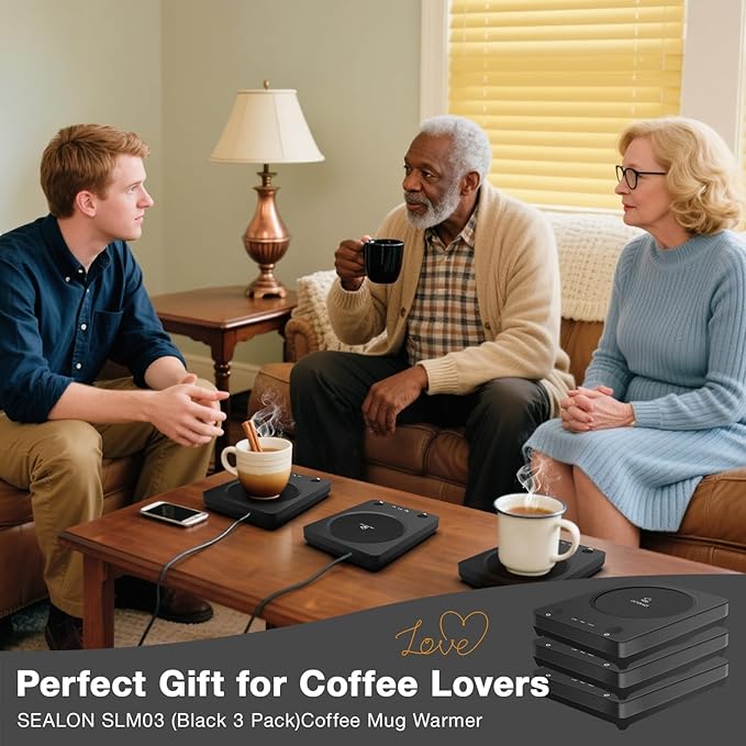 SEALON SLM03 Electric Coffee Mug Warmer (Black, 3 Pack) - 3-Temperature Desk Cup Warmer with Auto Shut-Off (4 Hours) for Heating Coffee, Tea, Milk & Beverages