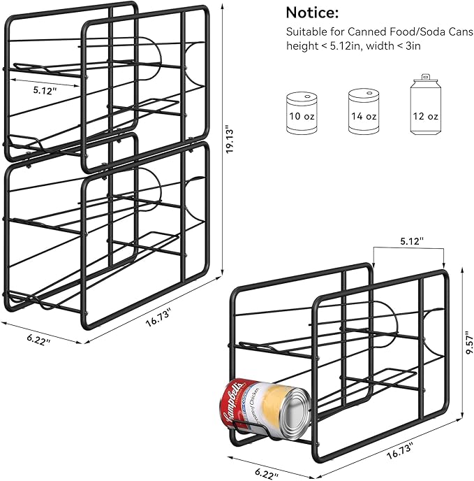 MOOACE 4 Pack Can Dispenser Rack, Stackable Soda Can Organizer Holder for Canned Food Storage Kitchen Cabinet Pantry Countertop, Black