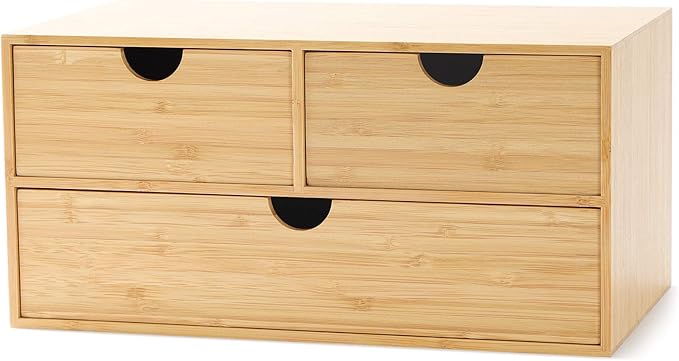 Wisuce Bamboo Desk Drawer Organizer, Desktop Organizer with Drawers Tabletop Storage Organization Box for Office Home Toiletries Supplies Vanity, No Assembly Required(3 Drawers-up down)