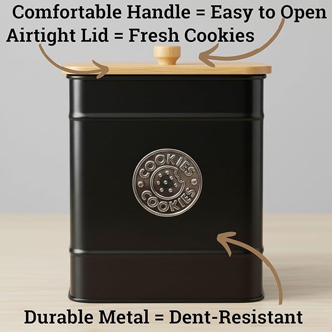 Cookie Jar with Airtight Lid - 1 Gallon - 6"D x 8"H Black Iron Cookie Tin with Bamboo Lid - Large Cookie Jars with Lids Airtight - Farmhouse Cookie Jars for Kitchen Counter Decorative - Cookies Jar
