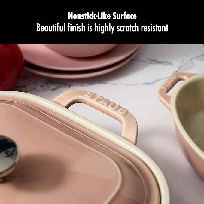 Staub Ceramic 4-pc Baking Pans Set, Casserole Dish with Lid, Brownie Pan, Light Pink