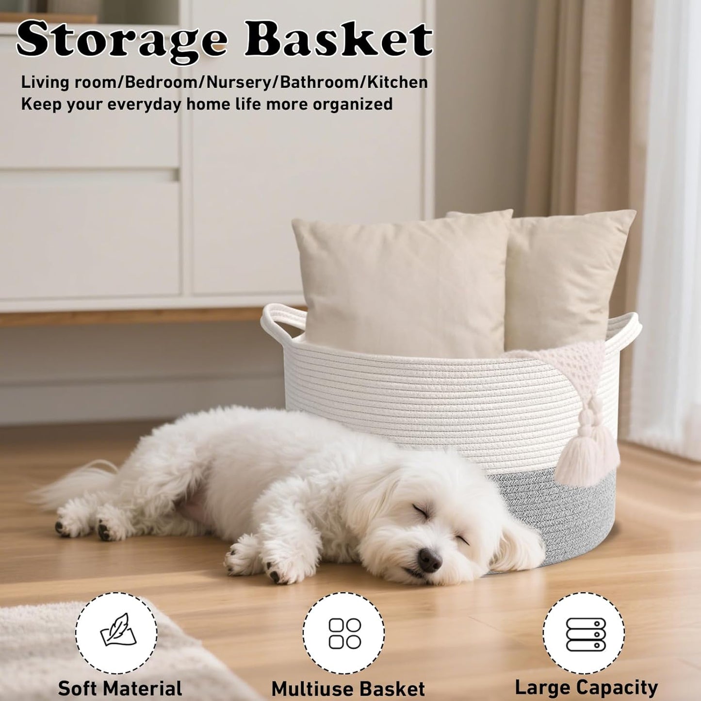 Large Blanket Basket for Organizing,115L Closet Organizers and Storage Bins Box for Shelves Woven Rope Storage Baskets,Living Room,Bedroom,Dorm,Laundry room (White&Grey)