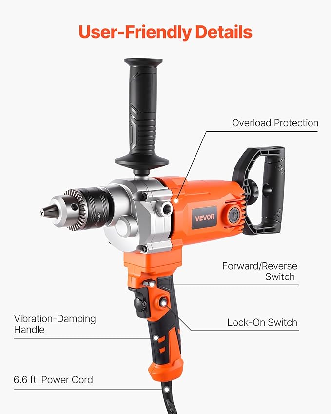 VEVOR Drill Mixer, 5/8 inch Corded Electric Drill Mixer Set, 0-750RPM 5.63A Mixing Drills, Mixing Drills Machine with D-Handle for Drilling & Blending, Handheld Cement Mixers for Fodder, Paint, Cement