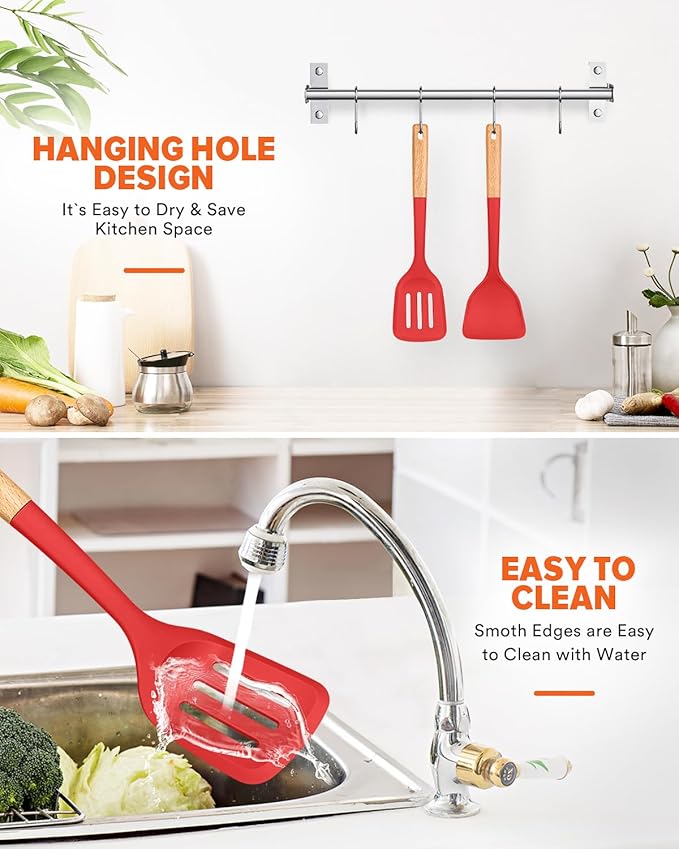 Silicone Wok Spatula Turner Set, Perfect for Scooping, Flipping, Lifting Pancakes and Picking up Veggies, BPA-Free Matte Silicone, Wooden Handles, Safe for Nonstick Cooking Surfaces (Red)